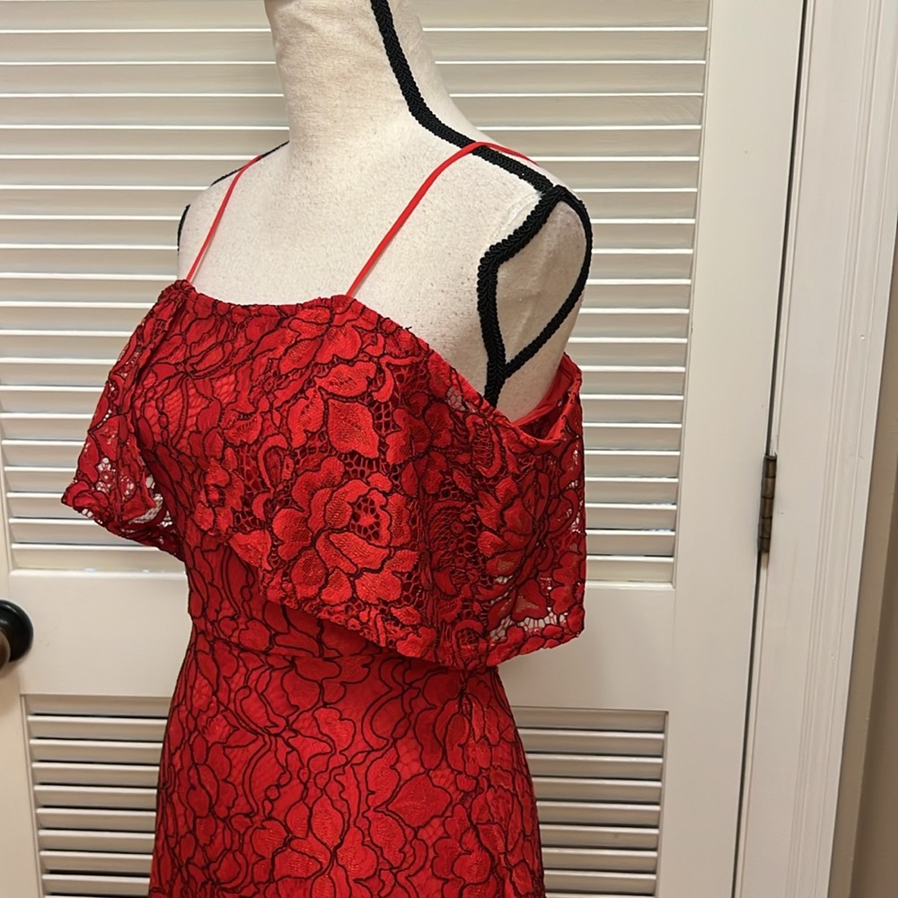GB Dress~ Elegant Red Lace Off-Shoulder in Red with Black, Size XS, EUC - Picture 7 of 17